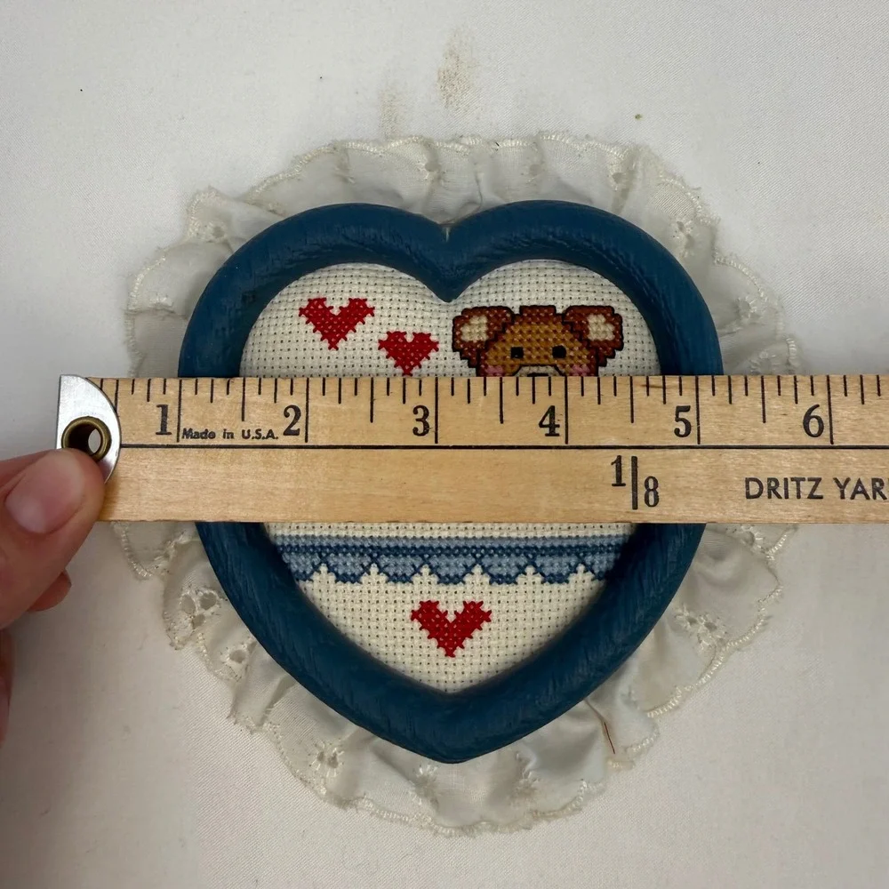 Vintage Handmade Cross Stitch Heart Teddy Bear Cookies Jar Lid Eyelet Lace Blue